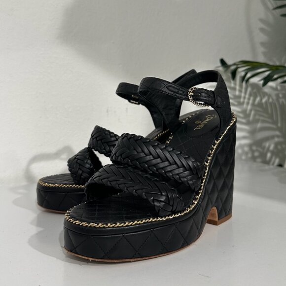 Chanel Black Quilted Leather Braided Platform Wedges size 41 - Picture 1 of 8